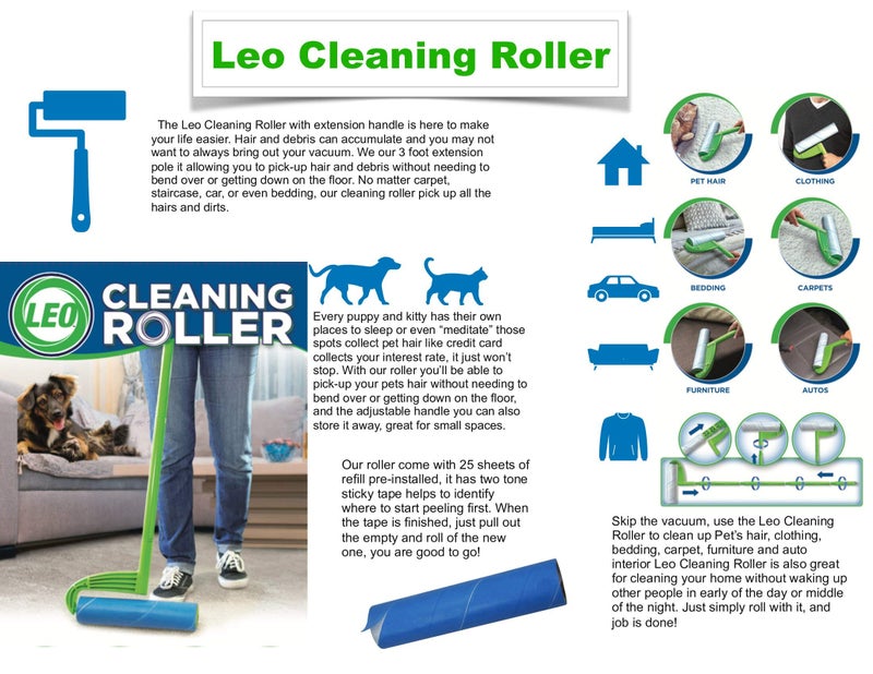 Leo Large 10-Inch Wide Lint Roller Refills 25 Sheets with extendable Handle to 45 inch for Lint Removers Household Cleaning Easily Remove Pet Hair Dust and Debris from Floors Carpets and Furniture - Image 4